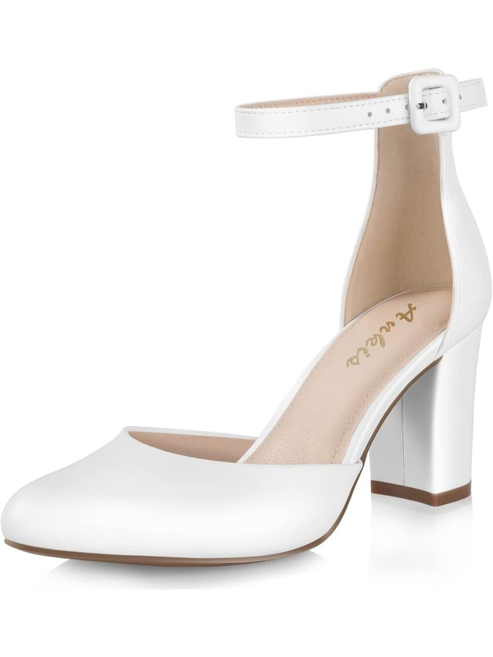 Women's White Closed Round Toe Chunky Block Heels Adjustable Ankle Strap Pumps